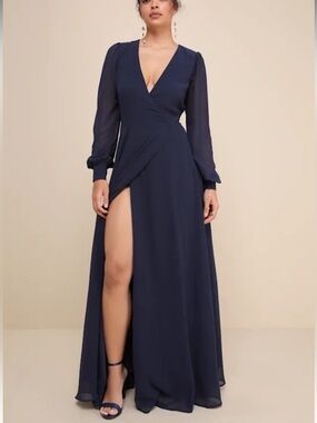 NWT Lulus My Whole Heart Dark Navy Blue Long Sleeve Wrap Dress